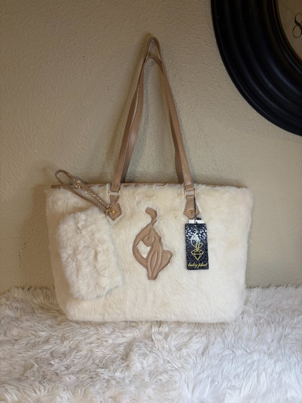 Baby Phat Faux Fur XL Tote Bag Cream Tan Matching Wristlet Y2K NWT
